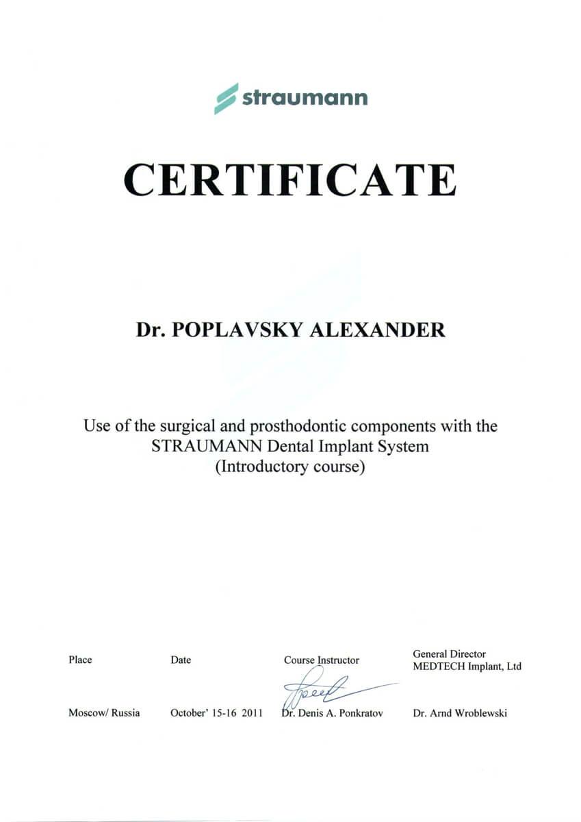 Certificate - STRAUMANN Dental Implant System (Introductory course), 2011