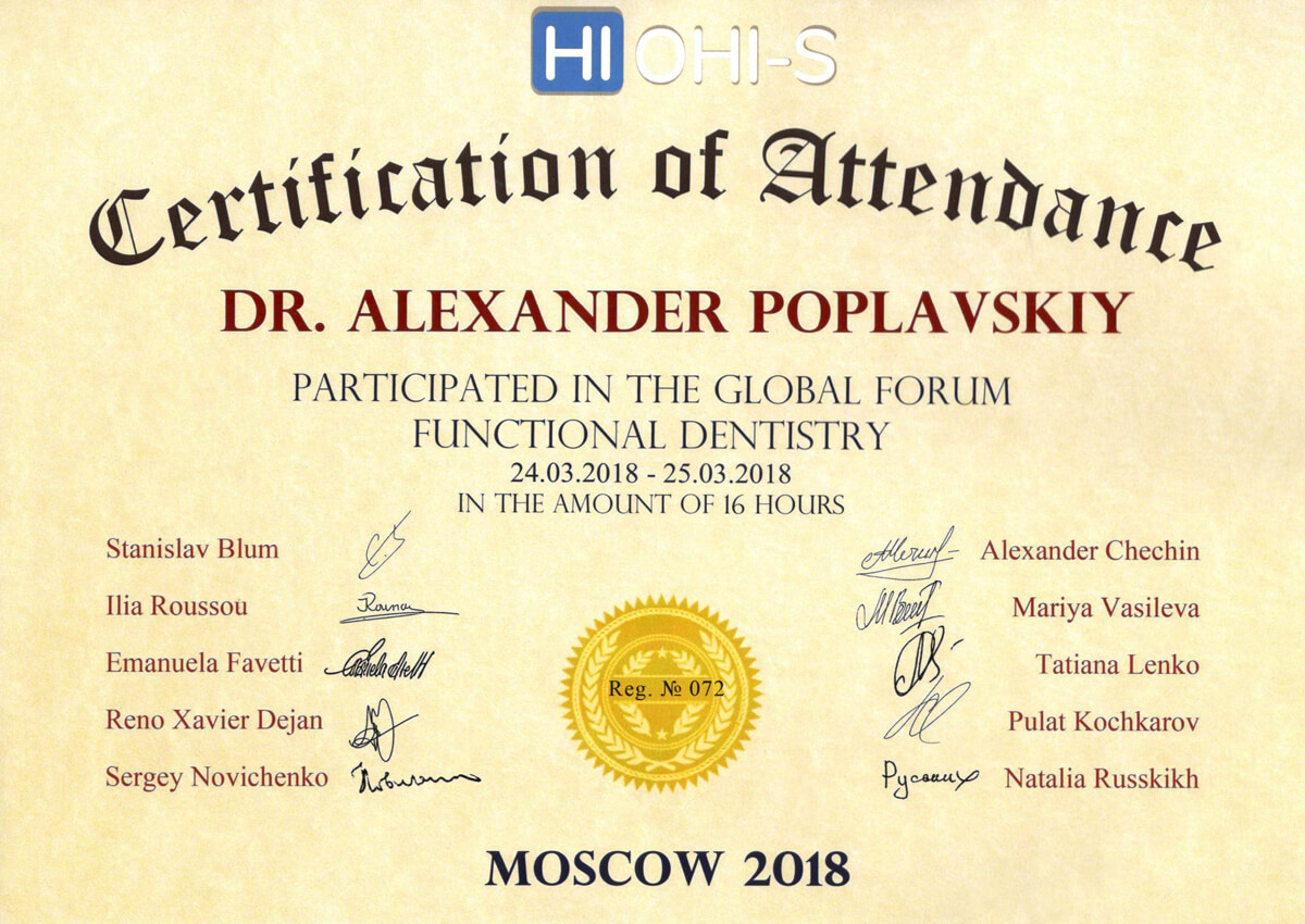 Certification of Attendance - Participated in the Global Forum Functional Dentistry, 2018