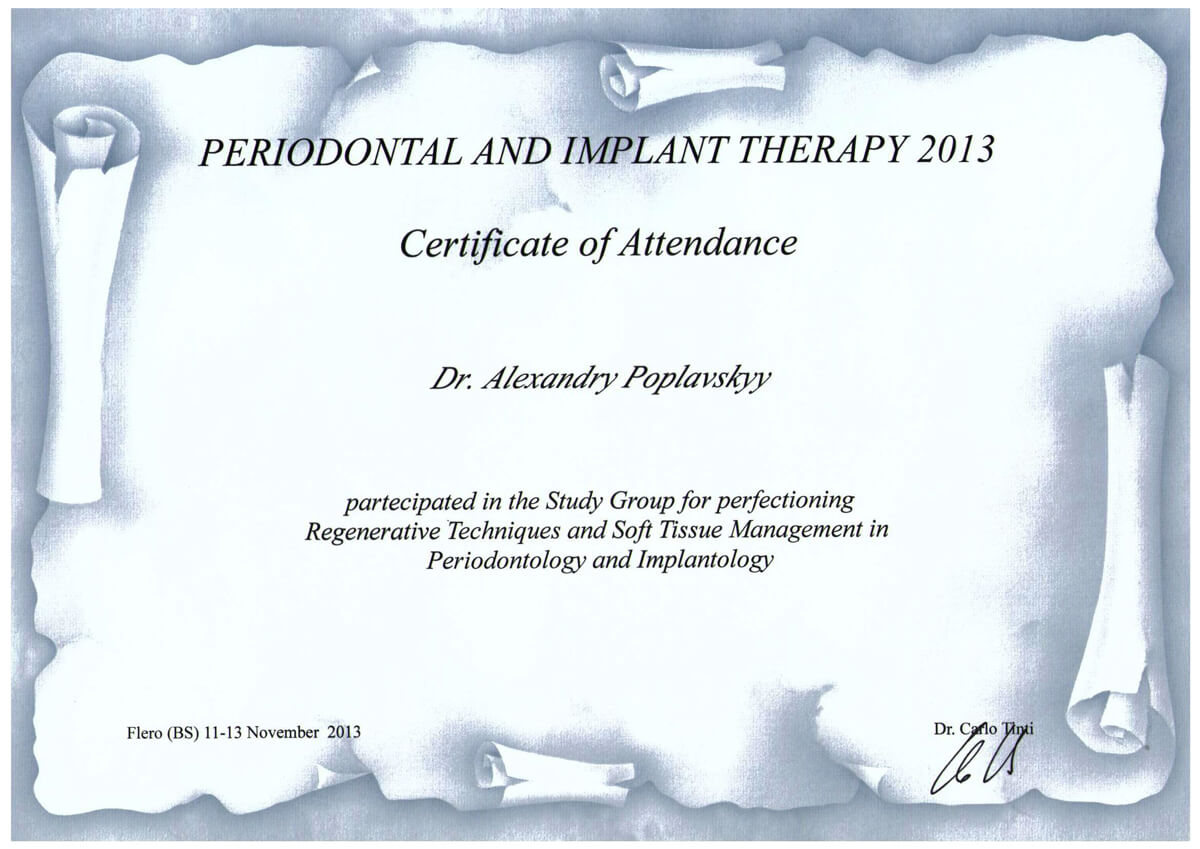 Certificate of Attendance - Periodontal And Implant Therapy, 2013